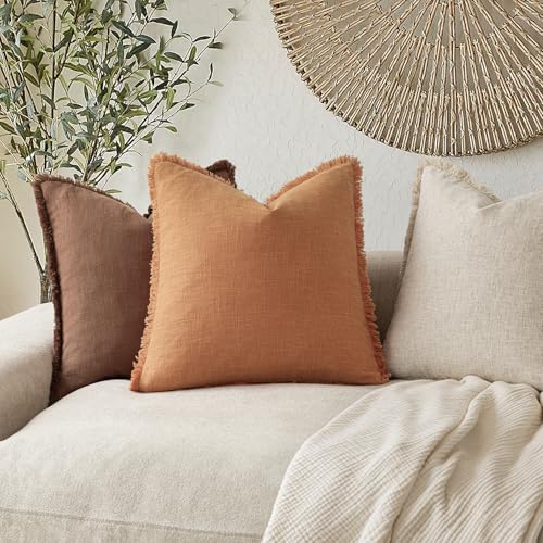 Decorative Linen Fringe Throw Pillow Covers 20×20 Dusty Orange (2 Count)