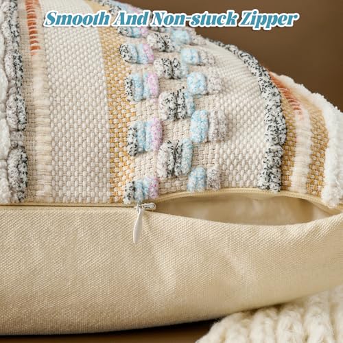 Set of 2 Chenille Striped Textured Boho Throw Pillow Covers Aesthetic with Tassels Woven Decorative Pillow Case for Couch Bed Sofa Bedroom Modern Funky 18 x 18 (2 Count)