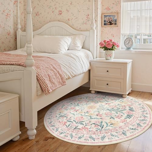 Pink Floral Round Rugs 5ft