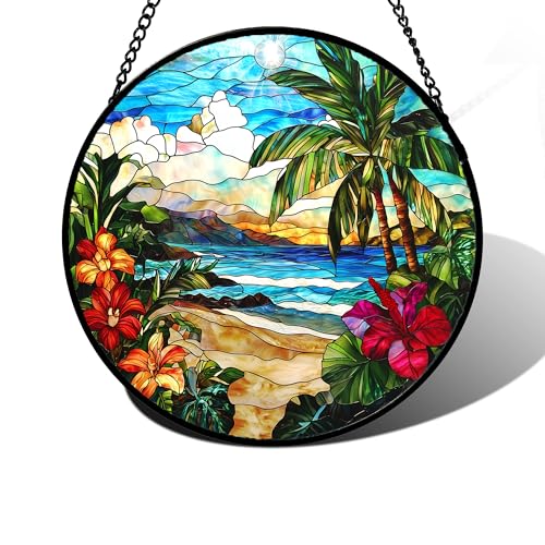 Tropical Hibiscus Beach Stained Glass Window Hanging Suncatcher Gifts 6.3"