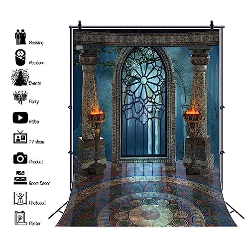 7x10ft Medieval Castle Backdrop for Photoshoot Portrait Pillar Torch Gothic Stone Tower Ancient Old Fortress Interior Photography Background Halloween Party Decor Wallpaper Photo Studio Props