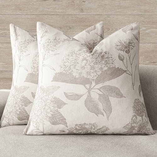 Set of 2 Linen Floral Vintage Throw Pillow Covers Neutral Accent Decorative Cushion Covers Farmhouse Boho Home Decor for Sofa Chair Couch Bedroom Living Room (2 Count)