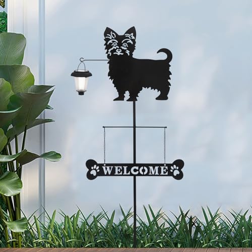 Solar Yorkie Silhouette Dog Breed Welcome Sign with a Lantern