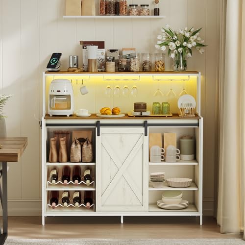 Coffee Bar Buffet Cabinet with LED Light and Power Outlet