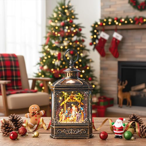 Christmas Snow Globe Swirling Glittering Nativity Scene with Music