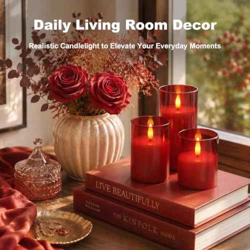 Red Glass Flameless LED Candles Battery Operated with Remote Timer (3 Count)
