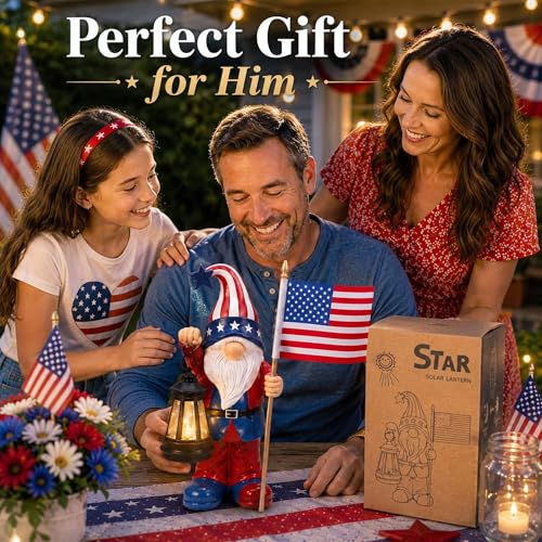 Solar Patriotic Gnomes Statues with Flag for Garden Decor