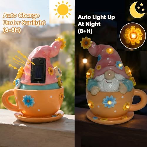 Outdoor Garden Gnome Statue in Teacup with Sunflower Light