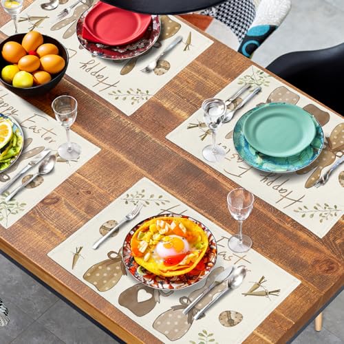 Happy Easter Bunny Placemats Set of 4 Easter Rabbit Egg Carrots Linen Fabric Table Mats Spring Seasonal Rustic Holiday Washable Place Mats for Party Kitchen Dining Indoor Decor 12x18 Inch (4 Count)