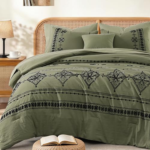 Queen Comforter Set Embroidery Floral 7 Pieces Bed in a Bag