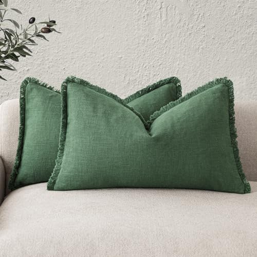 Boho Linen Fringe Lumbar Throw Pillow Covers 12×20 Pine Green (2 Count)