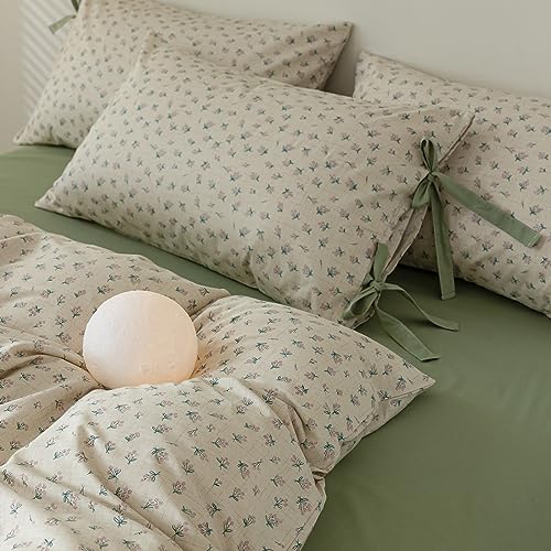 Full Comforter Set Vintage Green Floral Bedding Comforter Boho Flower Cottagecore Comforter with 2 Bow Ties Pillowcases Fluffy Lightweight Bedding Farmhouse Botanical Comforter Set (3 Count)