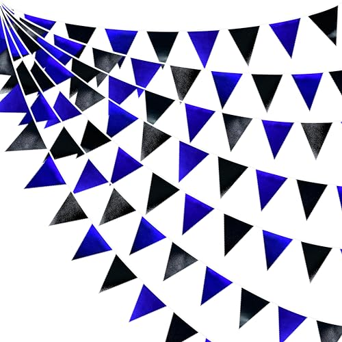 Royal Blue Black Party Decorations Navy Black Metallic Fabric Triangle Pennant Banner Flag Bunting Garland for Graduations Birthday Retirement Wedding Bachelorette Nautical Outdoor Party Supplies (32 Foot)