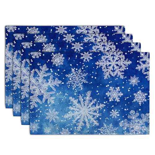 Winter Blue Snowflake Placemats Set of 4 Merry Christmas Snowflakes Linen Fabric Table Mats Seasonal Xmas Holiday Washable Place Mats for Party Kitchen Dining Outdoor Indoor Decor