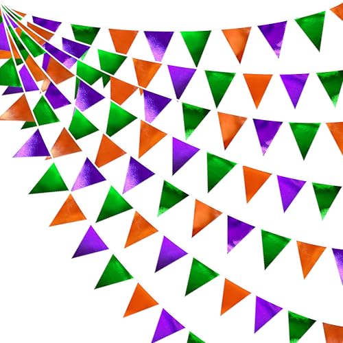 Halloween Party Decorations Metallic Fabric Green Orange Purple Triangle Pennant Banner Flag Bunting for Trick or Treat Spooky Hey Boo Happy Halloween Holiday Birthday Baby Shower Party Supplies (36 Count)