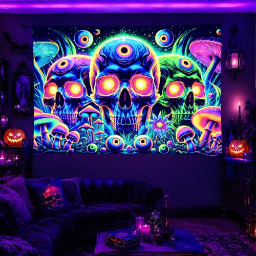 Blacklight Tapestry Skull Meditation Neon Decor 78 x 59 Inch