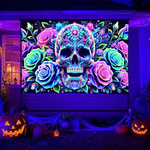 Blacklight Tapestry Floral Skull Room Decor 78 x 59 Inch