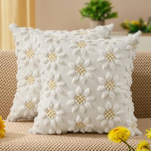 Spring Summer Pillow Covers 22x22 inch Set of 2 White Sunflower (2 Count)