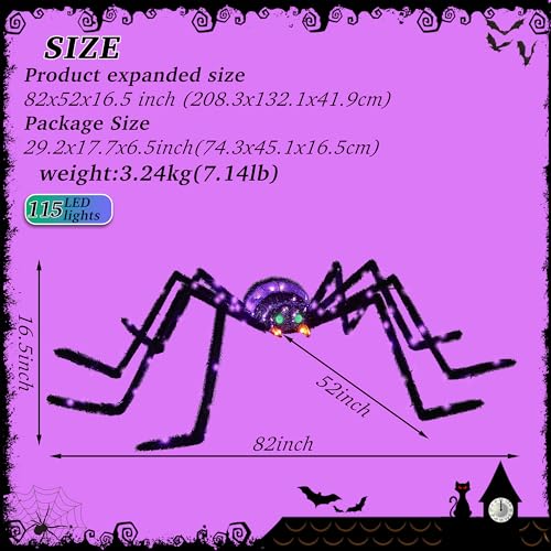 6.8Ft Giant Spider Halloween Decorations Outdoor 82" Light Up Spider with 115 LED Lights for Front Yard (Zz-005)