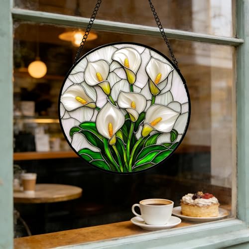 White Calla Lily Bouquet Stained Glass Window Hanging Suncatcher Gifts 15"