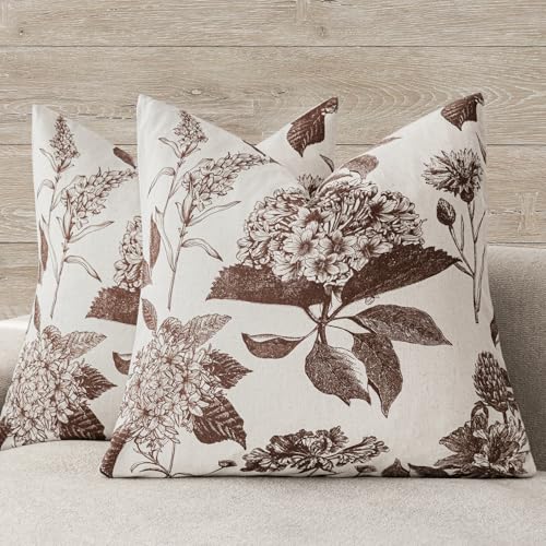 Set of 2 Linen Floral Throw Pillow Covers Neutral Vintage Print Decorative Cushion Covers Farmhouse Boho Home Decor for Sofa Chair Couch Bedroom Living Room (2 Count)