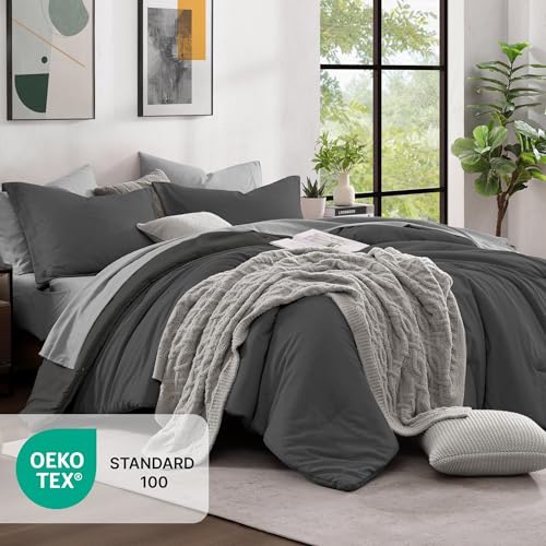 Full Size Comforter Set 7 Pieces Dark Grey Bed in a Bag