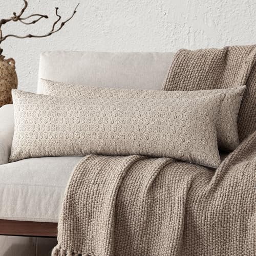 Long Floral Print Lumbar Throw Pillow Covers 14×36 Ivory Beige