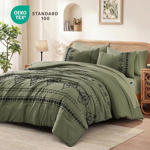 Queen Comforter Set Embroidery Floral 7 Pieces Bed in a Bag