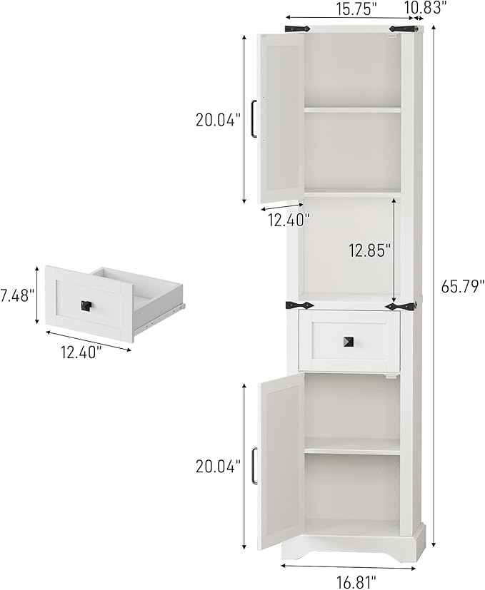 66" Tall Farmhouse Bathroom Storage Cabinet with Barn Doors and Drawer, Narrow Storage Unit, Adjustable Shelves & 5-Tier Space, Freestanding Cabinet for Bathroom, Living Room, Kitchen,Cream White