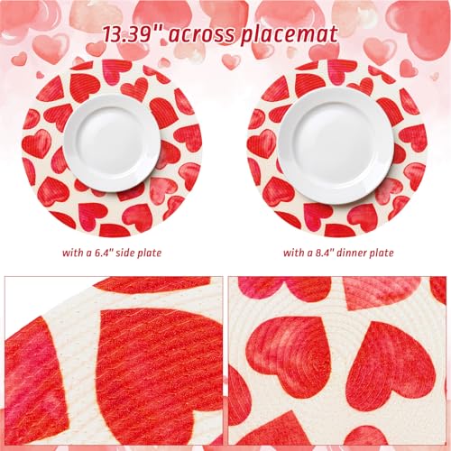 4 Pcs Round Valentine's Day Braided Placemats Place Mats Watercolor Heart Dinner Table Mats Valentine Dining Table Decor for Home Wedding Anniversary Party Farmhouse Kitchen Decor (4 Count)