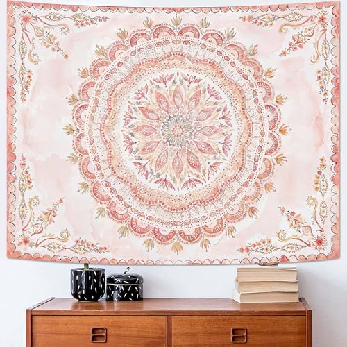 Boho Floral Mandala Tapestry Wall Hanging Pink Bohemian Flower Medallion Tapestry Aesthetic Watercolor Hippie Indian Small Tapestries for Bedroom Living Room Dorm Decor 40 x 30 Inch