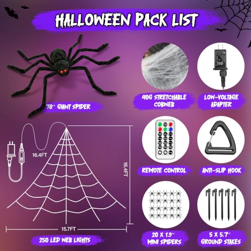 Halloween Spider Web Lights Decorations with 78'' Giant Spider