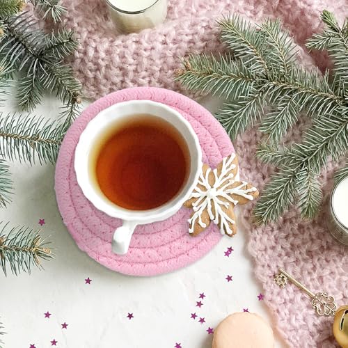Winter Snowflake Coasters Handmade Braided Cotton Drink Coasters Pink Gray Christmas Snowflake Absorbent Cup Mats for Drinks Coffee Xmas Holiday Party Home Office Desk Table Decor (4 Count)