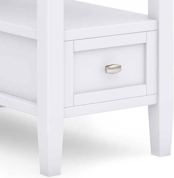 SIMPLIHOME Warm Shaker End Table - 14 inch Wide Solid Wood Narrow Side Table in White, Transitional Accent Table for Living Room or Bedroom with Drawer, Open Shelf and Square Tapered Legs