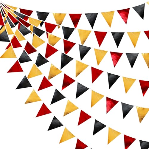 Red Black Gold Party Decorations Metallic Fabric Triangle Pennant Banner Flag Bunting Garland for Graduation Birthday Anniversary Pirate Poker Casino Las Vegas Christmas Holiday Party Supplies (32 Foot)
