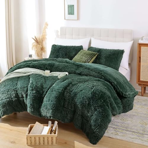 Fluffy King Size Comforter Set Dark Green Faux Fur Comforter 3 Pcs