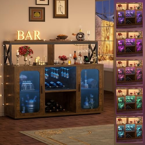 Bar Cabinet with LED Lights & Power Outlets
