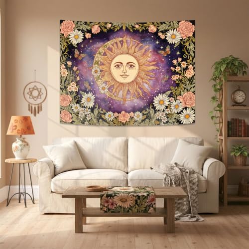Vintage Sun and Moon Boho Hippie Purple Floral Tapestry 48 x 36 Inch