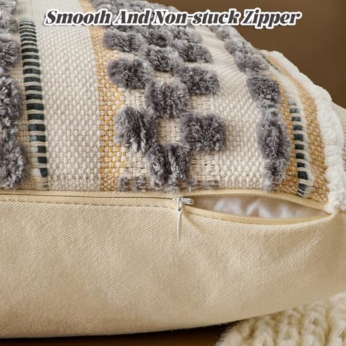 Set of 2 Chenille Striped Textured Boho Throw Pillow Covers Aesthetic with Tassels Woven Decorative Pillow Case for Couch Bed Sofa Bedroom Modern Funky 18 x 18 (2 Count)
