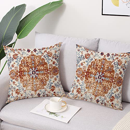 Waterproof Throw Pillow Covers 16X16 Inch Set of 2 Bohemian Vintage Carpet Pattern Brown Blue Ethnic Design Decorative Farmhouse for Couch Garden Balcony (7.5 Count)