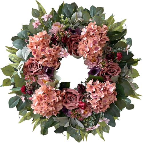 24 Inch Pink Hydrangea Spring Wreath for Front Door