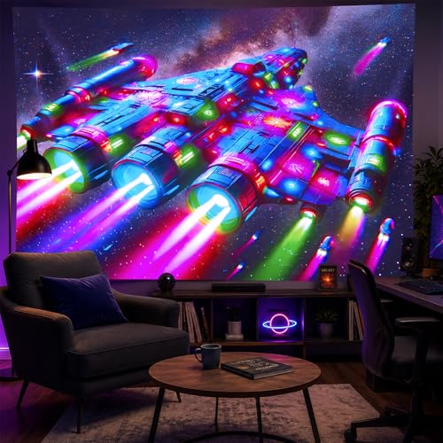 Blacklight Tapestry Spacecraft Galaxy UV Wall Art 78 x 59 Inch
