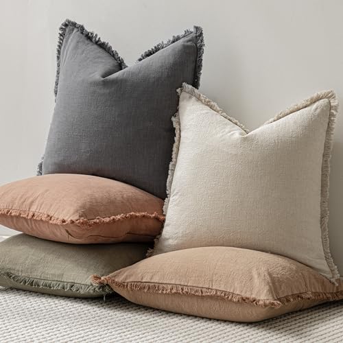 Decorative Linen Fringe Throw Pillow Covers 20×20 Inch (2 Count)