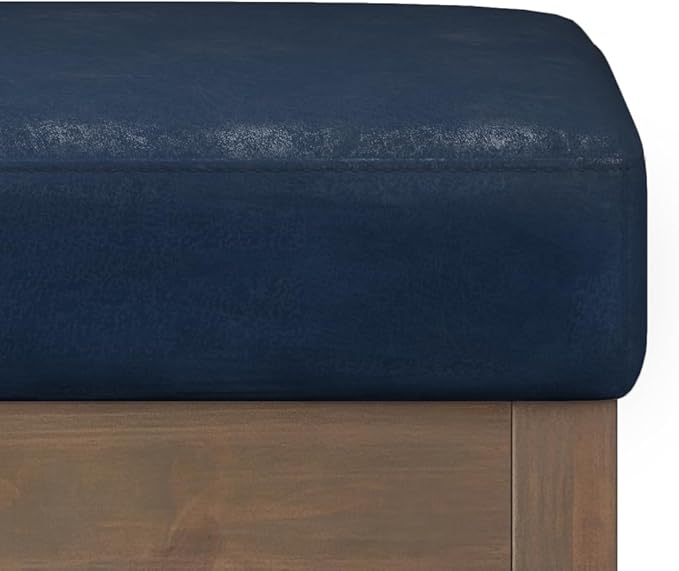 SIMPLIHOME Milltown Small Ottoman Bench - 27 inch Wide Upholstered Vegan Leather Rectangle Footstool Ottoman in Distressed Dark Blue, Contemporary Bench for Bedroom with Cushioned Seat, Assembled