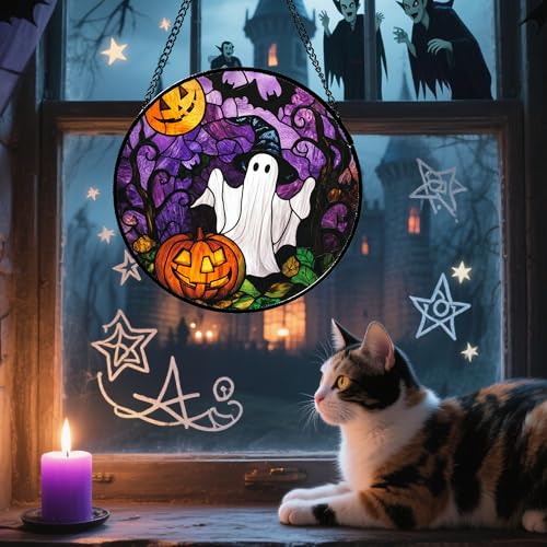 Stained Glass Window Hanging Halloween White Ghost Black Bat 11.8"