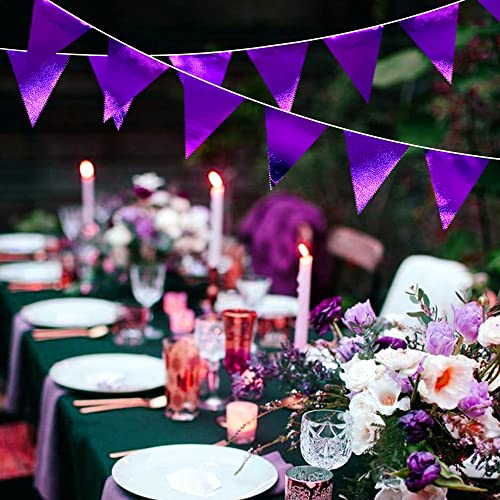 Purple Party Decorations Triangle Pennant Banner Flag Dark Purple Metallic Fabric Bunting Garland for Graduation Wedding Bridal Shower Birthday Anniversary Holiday Halloween Disco Party Supplies (36 Count)