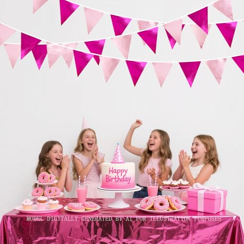 Hot Pink Party Decorations Metallic Fabric Gradient Pink Triangle Pennant Banner Flag Bunting Garland for Women Girl Birthday Retirement Bridal Shower Wedding Baby Shower Bachelorette Party Supplies (36 Count)