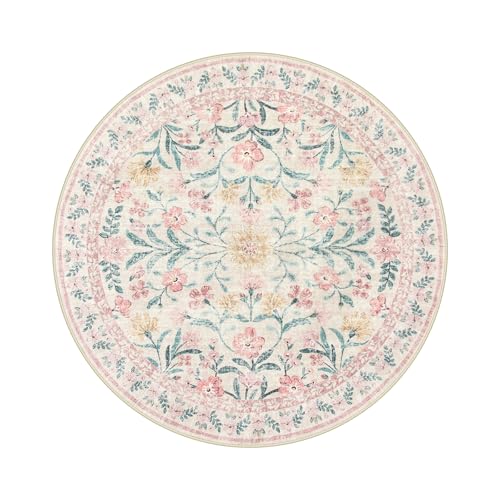 Pink Floral Round Rugs 5ft