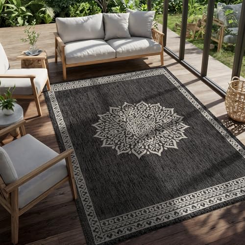 Outdoor Rug 9x12 Medallion Darkgray Modern Large Area Rugs for Indoor and Outdoor Patios Kitchen and Hallway Mats Washable Porch Deck Outside Carpet (108 Sq Ft)
