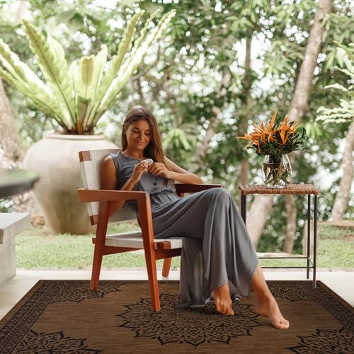 Outdoor Rug 5x7 Medallion Nut Brown Black Modern Area Rugs for Indoor and Outdoor Patios